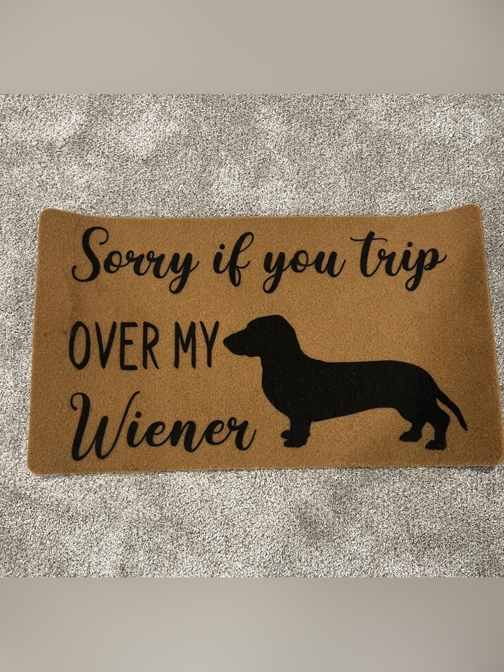 “Sorry If You Trip Over My Wiener”Doormat - Black on Tan
